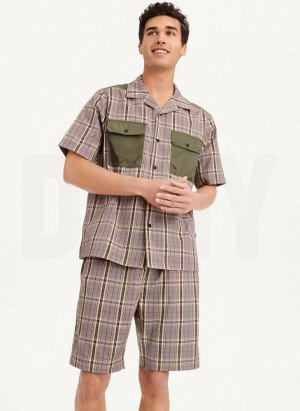 Olive Men's DKNY Plaid/Solid Mixed Short Sleeve Knit Shirts | Australia-D1594