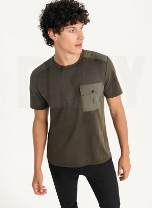Olive Men's DKNY Solid Pique Crewneck T Shirts | Australia-D0130