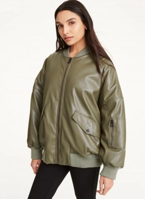 Olive Women's DKNY Faux Leather Oversized Bomber Jackets | Australia-D1131