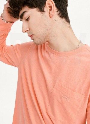 Pink Men's DKNY Long Sleeve Crew Pocket Slub Jersey T Shirts | Australia-D0225
