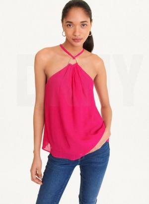 Pink Women's DKNY Crinkle Rayon Crossover Blouse Tank Tops | Australia-D0804