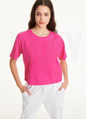 Pink Women's DKNY Embossed Logo Jersey T Shirts | Australia-D0822