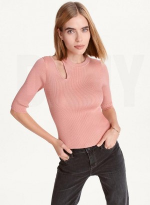 Pink Women's DKNY Short Sleeve Shoulder Cut Out Sweaters | Australia-D0627