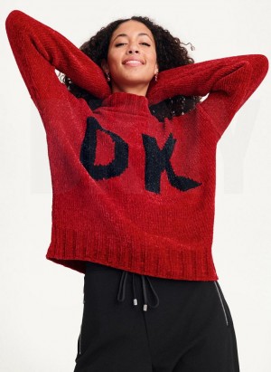 Red Women's DKNY Chunky Chenille Logo Sweaters | Australia-D1809