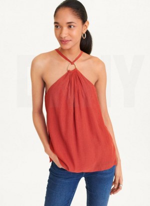 Red Women's DKNY Crinkle Rayon Crossover Blouse Tank Tops | Australia-D1115
