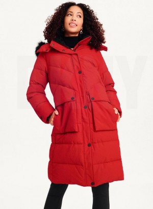 Red Women's DKNY Long Puffer With Faux Fur Hood Coats | Australia-D1013