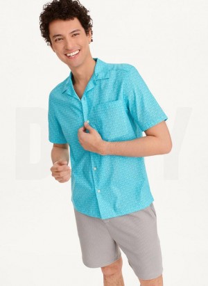 Turquoise Men's DKNY Interlocking Allover Logo Shirts | Australia-D1485