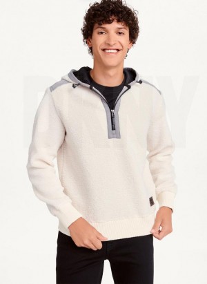 White Men's DKNY Faux-Shearling Pullover Hoodies | Australia-D0358
