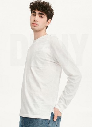 White Men's DKNY Long Sleeve Crew Pocket Slub Jersey T Shirts | Australia-D1219