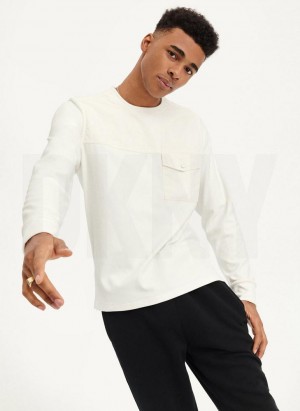 White Men's DKNY Mixed Media Pocket Long Sleeve Knit T Shirts | Australia-D0579