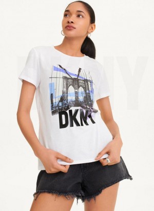 White Women's DKNY Brooklyn Bridge Logo T Shirts | Australia-D0425