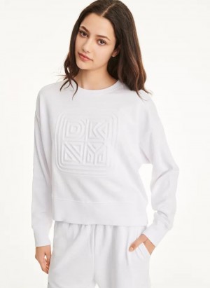 White Women's DKNY Cotton Jersey Crew With Logo Embossing Sweatshirts | Australia-D0365