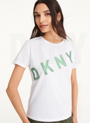 White Women's DKNY Diagonal Rhinestone Logo T Shirts | Australia-D1420