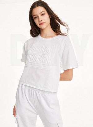 White Women's DKNY Embossed Logo Jersey T Shirts | Australia-D0791