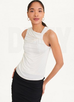White Women's DKNY Gathered Knit Tank Tops | Australia-D0112
