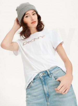 White Women's DKNY Glitter Logo T Shirts | Australia-D0806