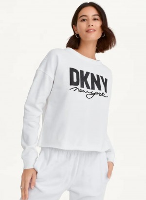 White Women's DKNY Glitter Script Logo Cropped Raw Edge Sweatshirts | Australia-D1213