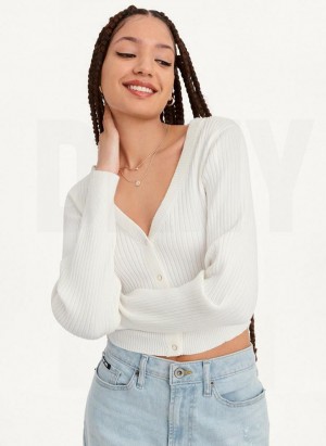 White Women's DKNY Long Sleeve Cropped Button-Front Cardigan Sweaters | Australia-D1090
