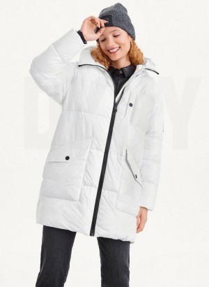 White Women's DKNY Oversized Token Logo Puffer Coats | Australia-D1946