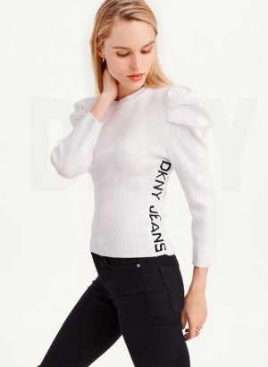 White Women's DKNY Puff Sleeve Sweaters | Australia-D1048