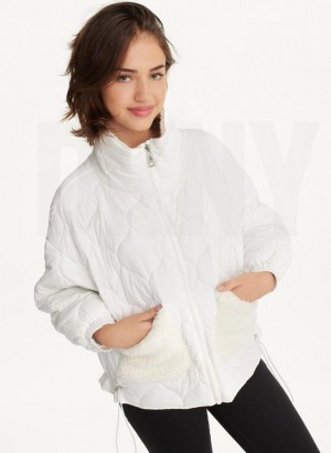 White Women's DKNY Quilted With Sherpa Pockets Coats | Australia-D0984
