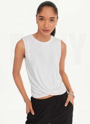 White Women's DKNY Rib Twist Front Tank Tops | Australia-D1435