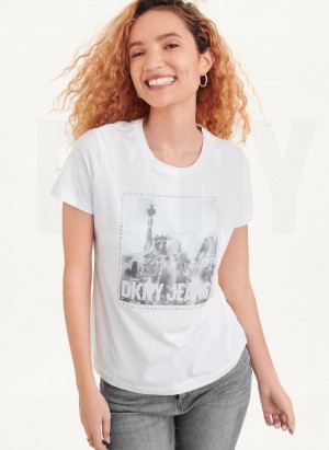 White Women's DKNY Short Sleeve City Logo T Shirts | Australia-D1791