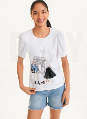 White Women's DKNY Short Sleeve Conversational T Shirts | Australia-D1273