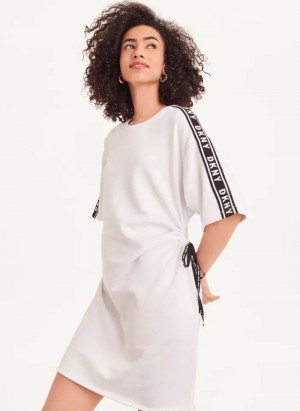 White Women's DKNY Short Sleeve Cotton French Terry Dresses | Australia-D0401