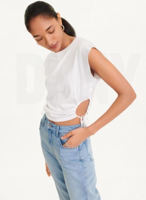 White Women's DKNY Short Sleeve Side Cut T Shirts | Australia-D0651