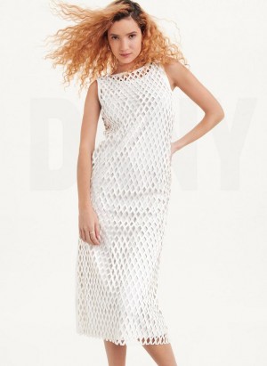 White Women's DKNY Sleeveless Perforated A-Line Dresses | Australia-D1347