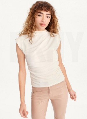 White Women's DKNY Sleeveless Side Ruch Tank Tops | Australia-D1315