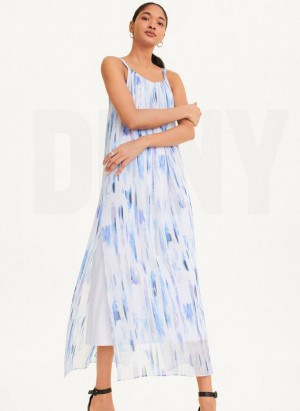 White / Multicolor Women's DKNY Sleeveless Printed Chiffon Dresses | Australia-D1486
