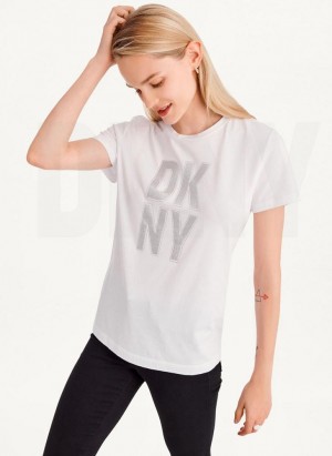 White / Silver Women's DKNY Rhinestone Glitter Logo T Shirts | Australia-D1268
