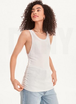 White / Silver Women's DKNY Sleevless Lurex Trim Ruched Sweaters | Australia-D1563