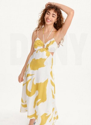 Yellow Women's DKNY Printed Cut Out Halter Dresses | Australia-D0941