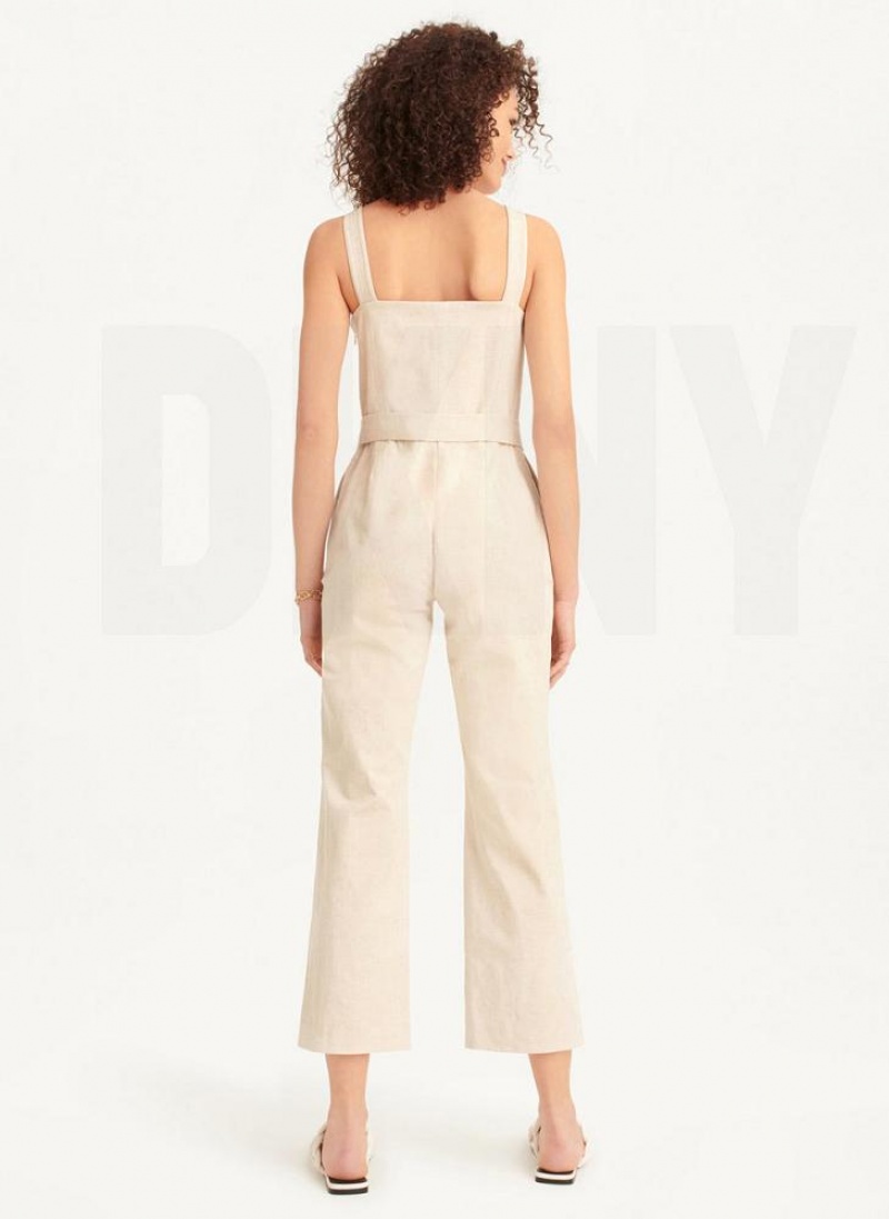 Beige Women's DKNY Linen Belted Jumpsuits | Australia-D1879