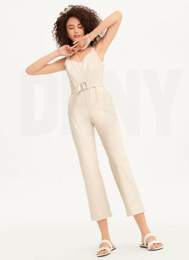 Beige Women's DKNY Linen Belted Jumpsuits | Australia-D1879