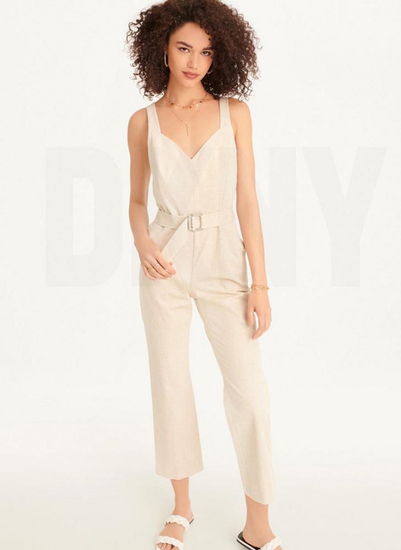 Beige Women's DKNY Linen Belted Jumpsuits | Australia-D1879