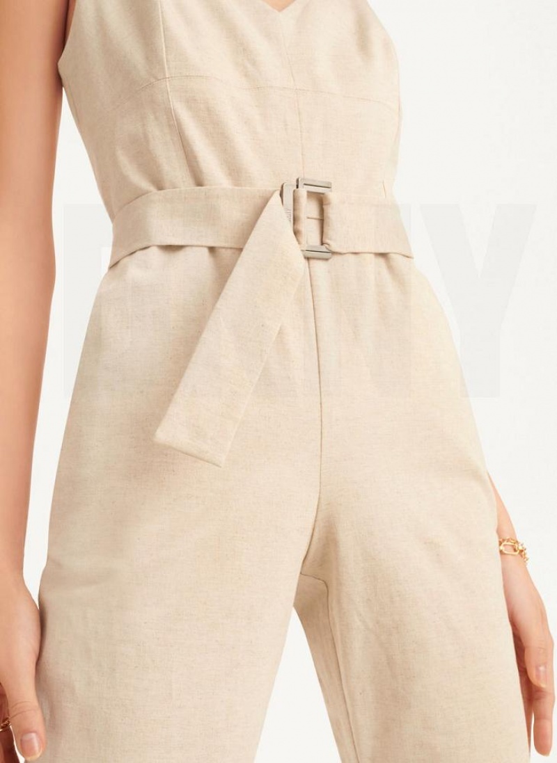 Beige Women's DKNY Linen Belted Jumpsuits | Australia-D1879