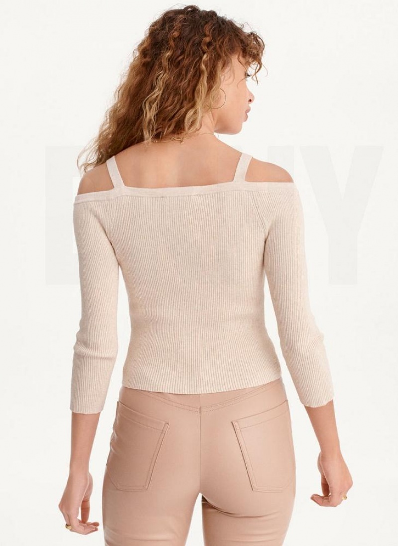 Beige Women's DKNY Long Sleeve Cold Shoulder Sweaters | Australia-D1708