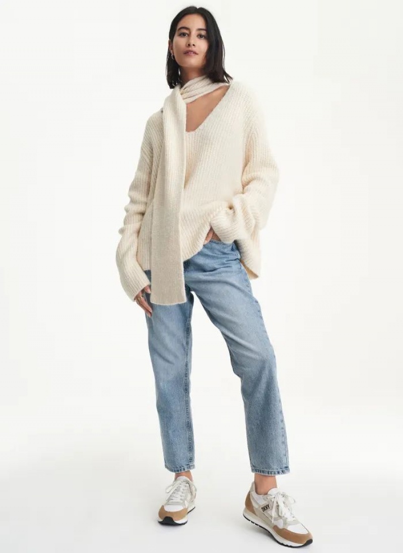 Beige Women's DKNY Long Sleeve Scarf Sweaters | Australia-D0655