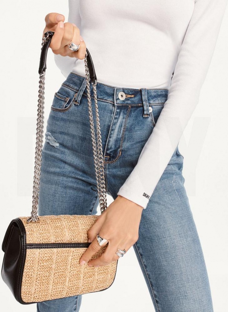 Beige / Black Women's DKNY Sina Basketweave Flap Shoulder Bags | Australia-D0138