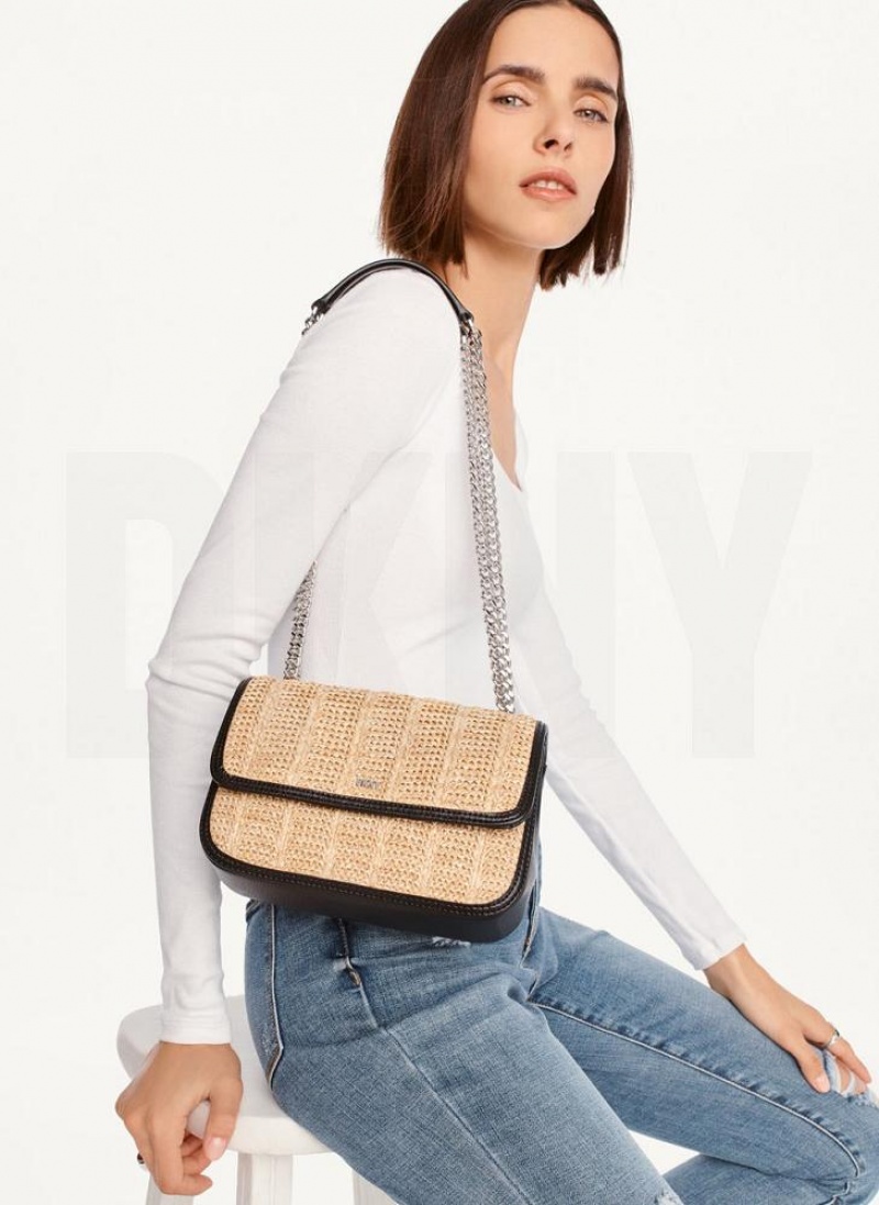 Beige / Black Women's DKNY Sina Basketweave Flap Shoulder Bags | Australia-D0138