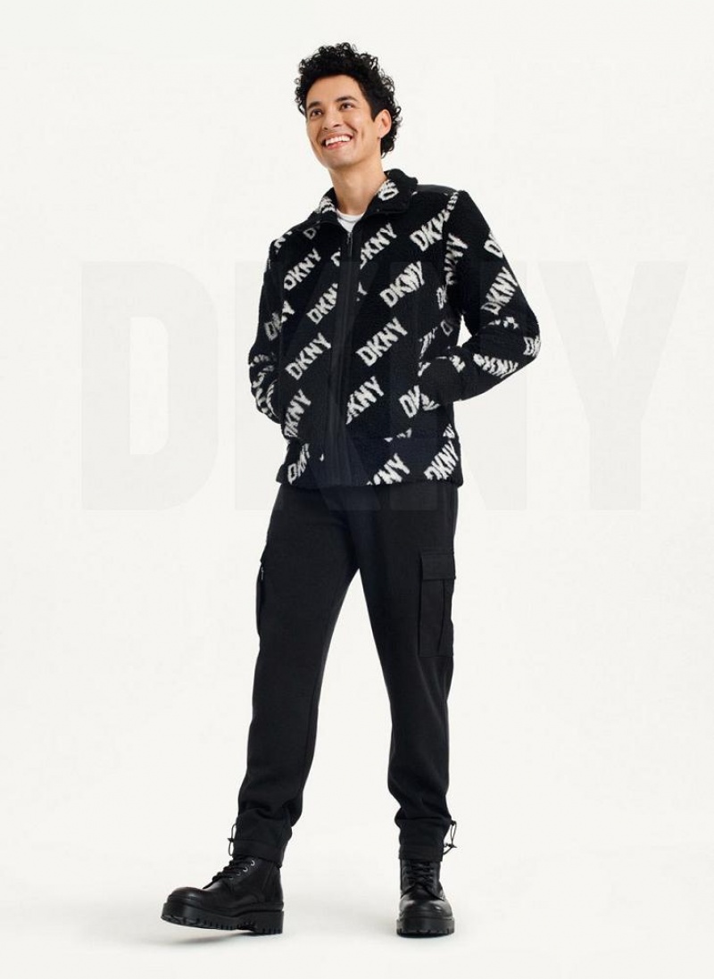 Black Men's DKNY All Over Logo Sherpa Jackets | Australia-D1020