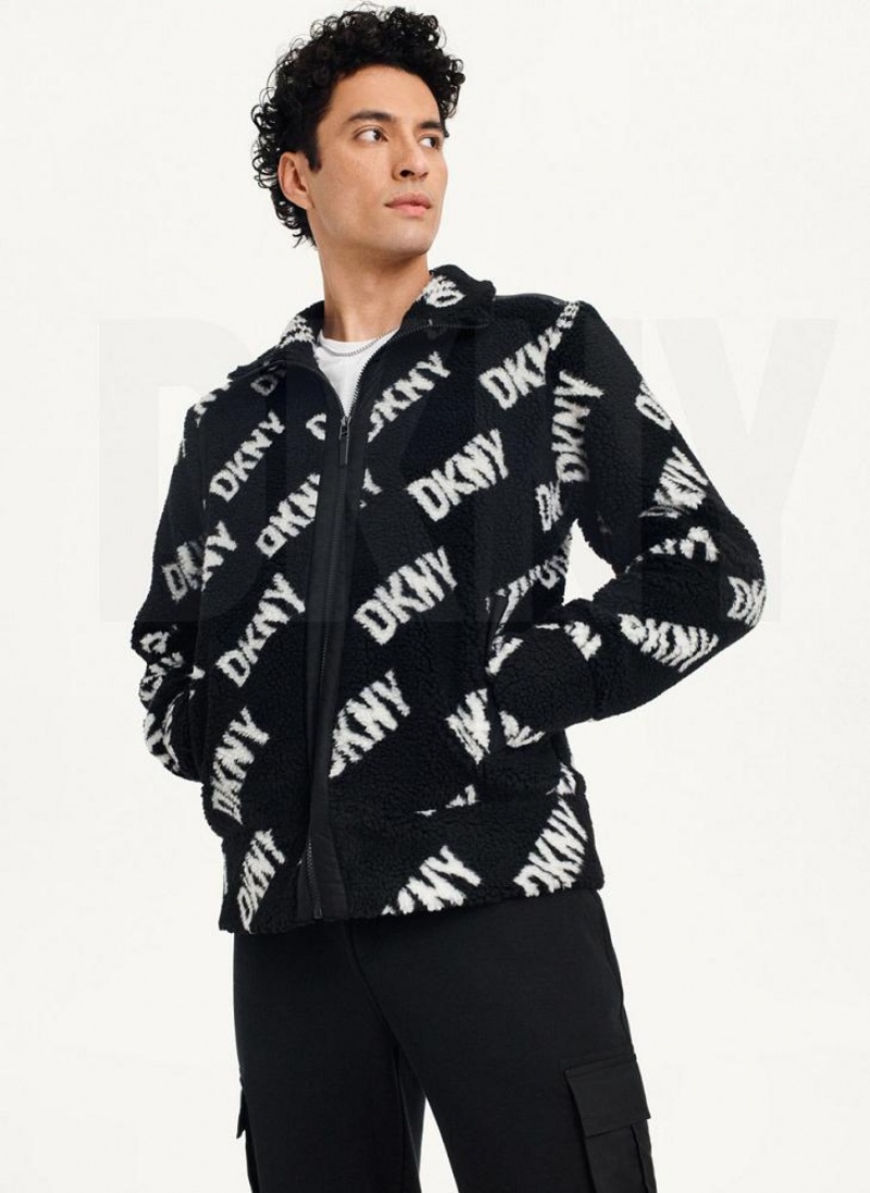 Black Men's DKNY All Over Logo Sherpa Jackets | Australia-D1020