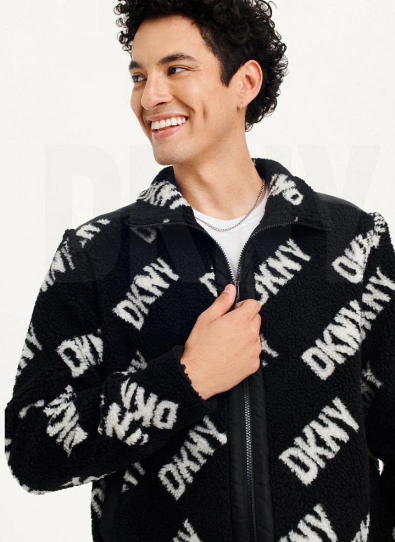 Black Men's DKNY All Over Logo Sherpa Jackets | Australia-D1020