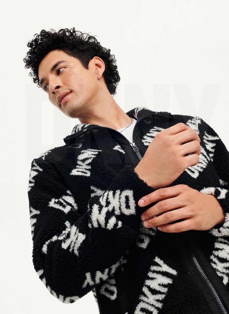 Black Men's DKNY All Over Logo Sherpa Jackets | Australia-D1020
