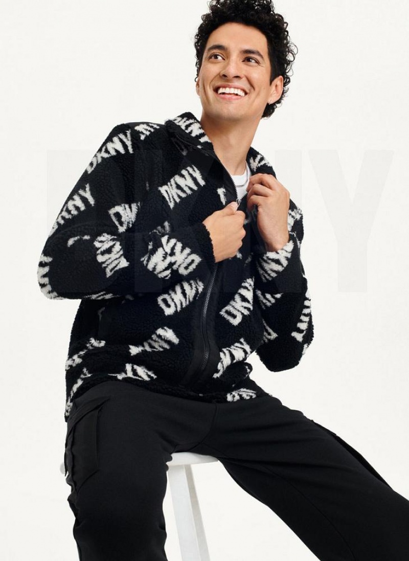 Black Men\'s DKNY All Over Logo Sherpa Jackets | Australia-D1020