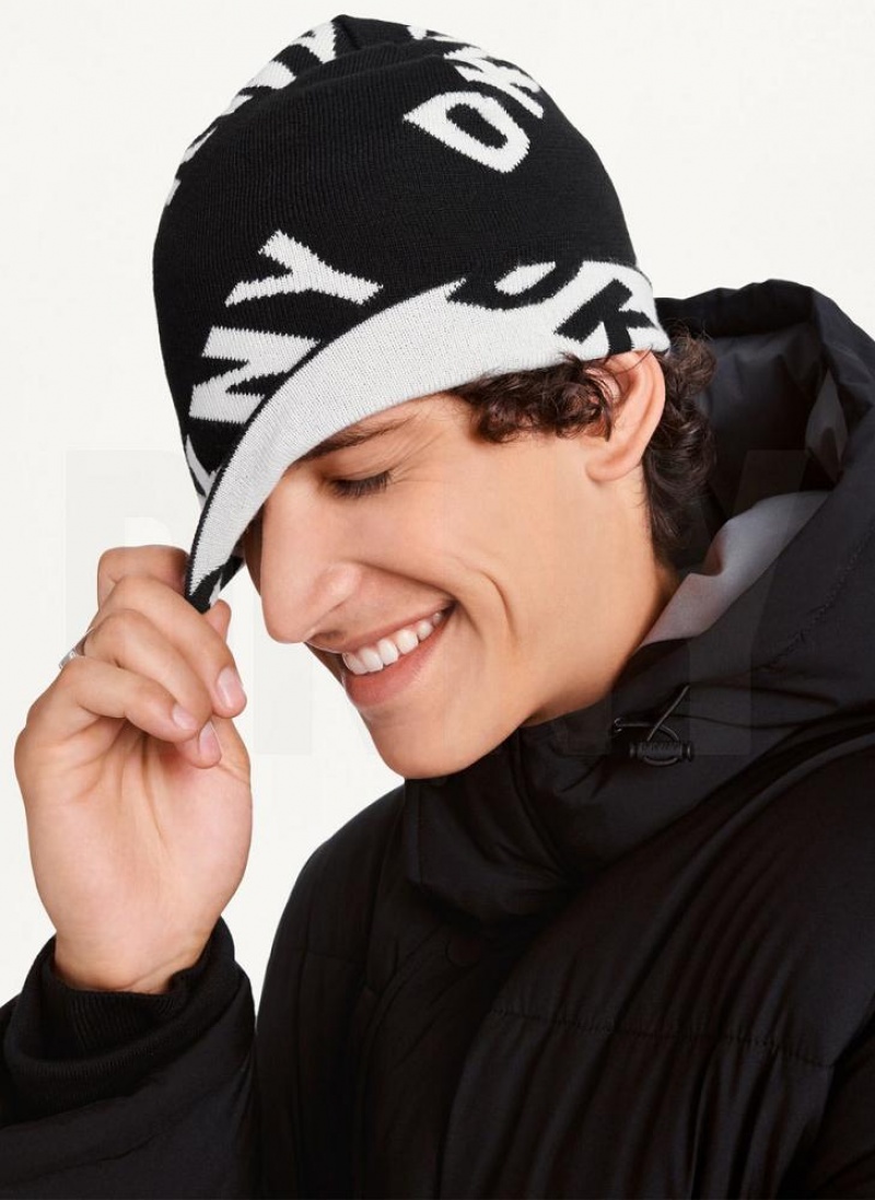 Black Men's DKNY Allover Logo Beanie | Australia-D0385